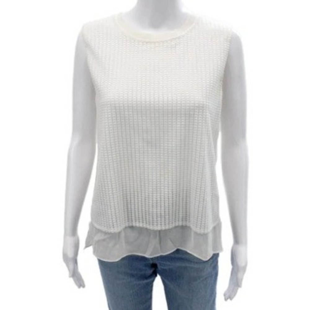 Vince Women Off White‎ Layered Textured Knit Silk Hem Tank Top Small